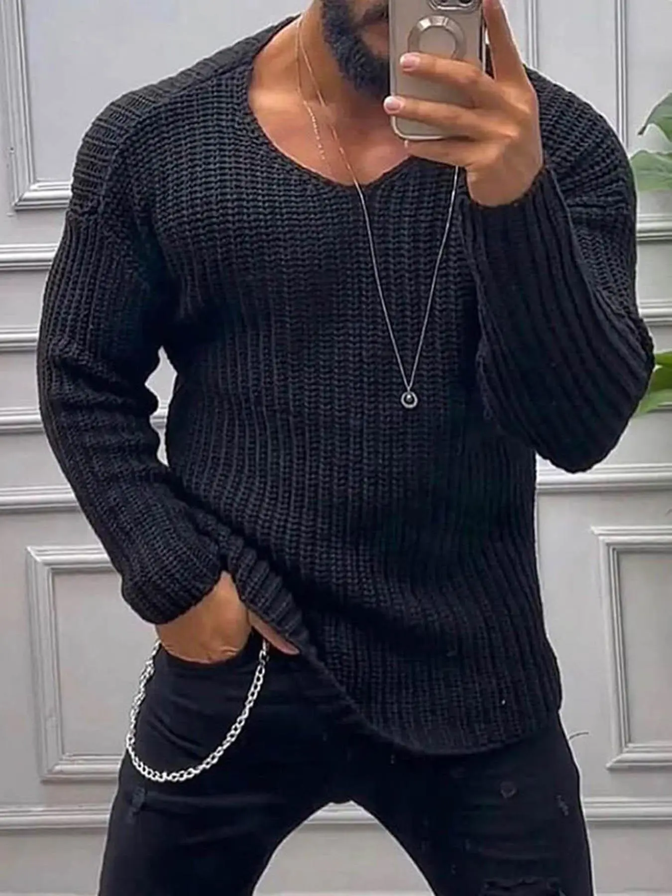 Men's Solid Color Drop Shoulder Long Sleeve Knit Top, Loose Casual Fashionable Round Neck Jumper for Fall & Winter, Men's Knitwear for Daily Wear