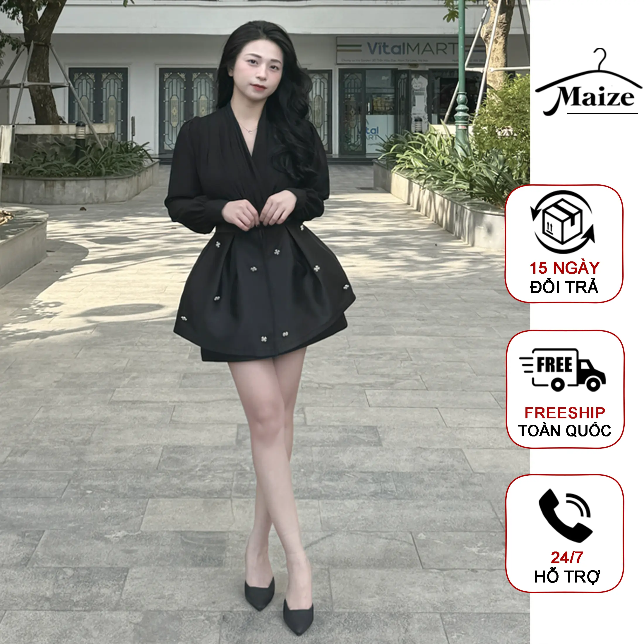 Sơ mi xếp ly và Chân váy Nữ dáng phồng đính hoa đá 2 lớp Maize mix sơ mi xếp ly cách điệu sang trọng (kèm cúc cài áo)