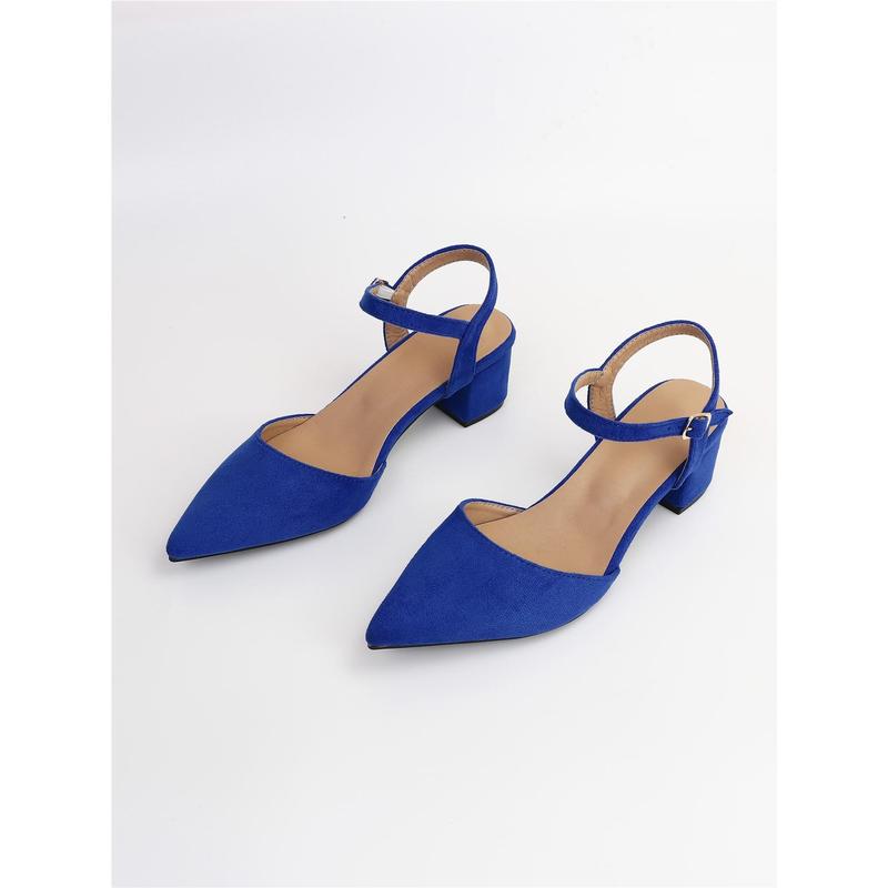 Buckle Decor Point Toe Chunky Heeled Ankle Strap Faux Suede Pumps 5