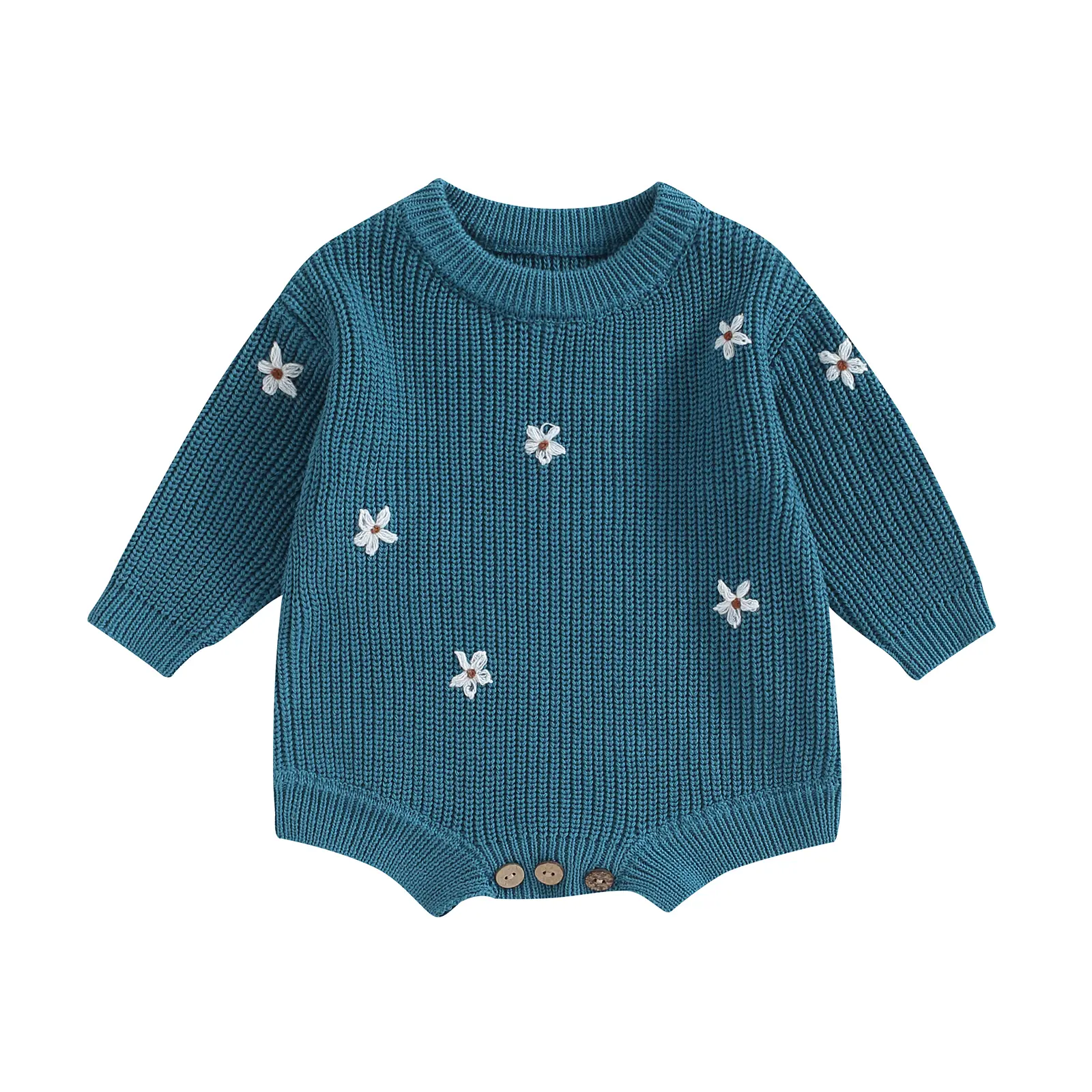 Baby Boys Girls Sweater Rompers Flower Embroidery Crew Neck Long Sleeve Infant Jumpsuits Fall Toddler Clothes Knit Bodysuits