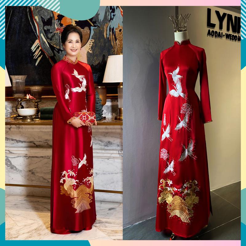 Áo dài mẹ cô dâu lụa dỏ tô châu cao cấp thêu hạc bay đính ngọc - Áo dài LYNH Nữ Áo Cưới Váy Cưới Đầm Nữ Áo Cưới Women Voan Voi Dress Sen Kem