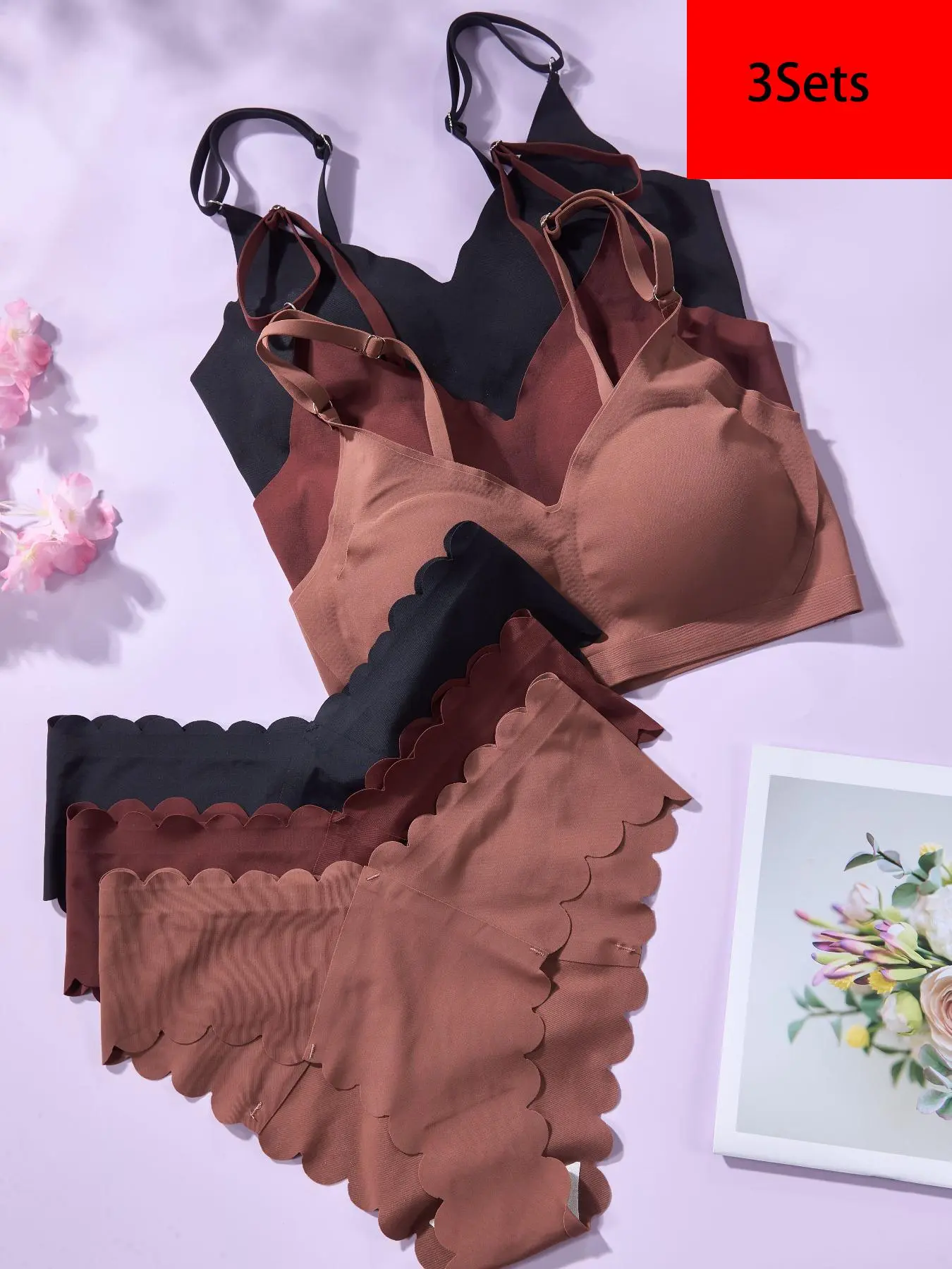 Women's Solid Color Padded Push Up Wireless Bra & Scallop Trim Knicker Underwear Set, Soft Comfy Breathable High Stretch Seamless Lingerie Set, Underwear Set for Women