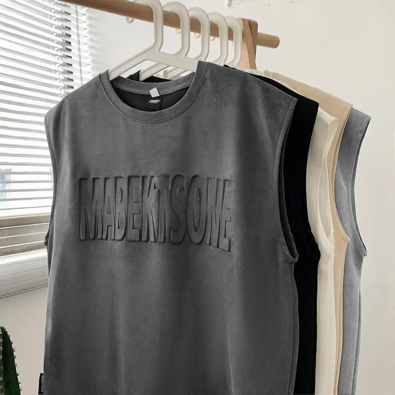 Áo Vest Chữ Cái Không Tay Màu Xám Đậm, Dành Cho Nam Giới, Phong Cách Nóng Bỏng Mùa Hè, Áo Ba Lỗ Thể Thao Cổ Điển Mỹ Áo Phông Ins Hợp Xu hướng Áo Thun