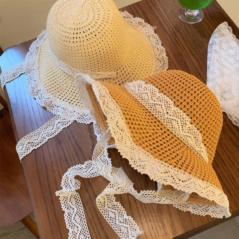 Product Introduction of Wide-brimmed straw hat with lace, windproof, Japanese style, beach hat, wide-brimmed sun hat for women 9