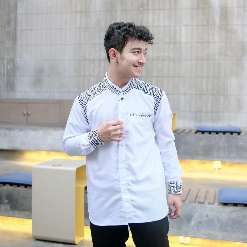 Baju Koko El Rumi Araseo Lengan Panjang Kombinasi Batik Putih Kain Katun - Pria, Muslim 8