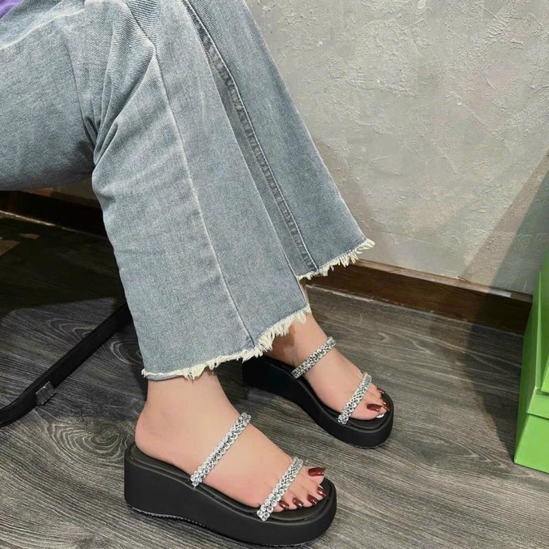 Dép Xuồng Hai Quai Ngang Đính Đá Đế Cao 8CM Hàng QC (LÙI SIZE) Nữ DéP GiàY