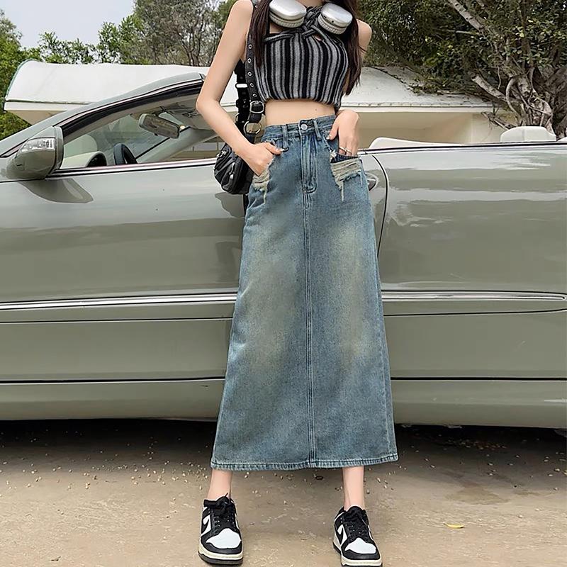 Chân Váy Jean Cạp Cao Dáng Kiểu Túi dành cho BigSize 55-90kg 008 Rẻ Đẹp xẻ sau Phom chữ A Siêu 80cm Nữ Denim Women Cotton chânváy bò dánglửng chânváy jean dài rách a-line  skirts chân  váy Kem