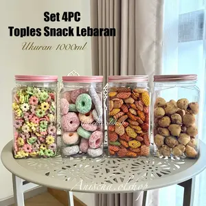 TOPLES KOTAK 1KG (SET 4 / SET 6) Toples Penyimpanan Makanan Snack Lebran Camilan Model Kotak Grid 1L Kedap udara Foodgrade Bpa Free