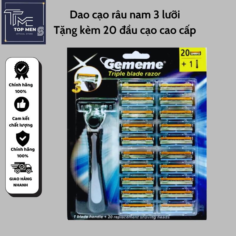 Dao cạo râu nam 3 lưỡi Tặng kèm 20 đầu cạo Chất liệu thép không gỉ Cán dao nhựa cao su Lưỡi sắc bén Không gây chảy máu Dễ dàng tháo lắp