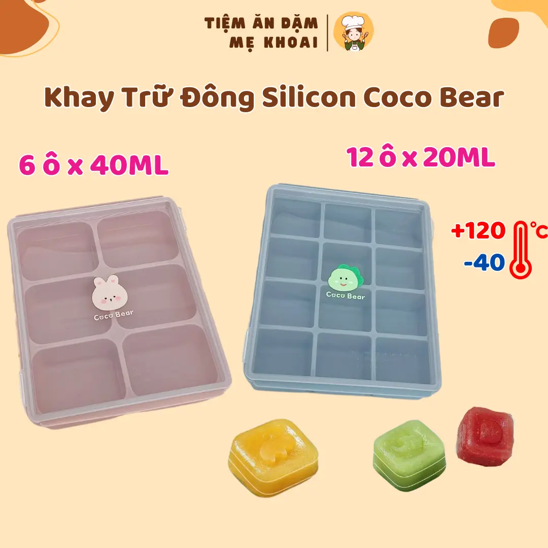 Khay trữ đông Silicone Coco Bear chia ô, có nắp đậy tiện dụng, hộp trữ thức ăn cho bé, đựng nước dashi rau củ, đựng thực phẩm, đồ ăn dặm cho bé dung cu andam