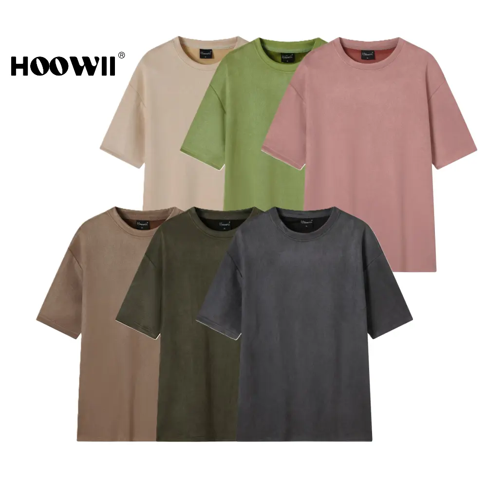 HOOWII Velvet Suede Leather Shirt Crewneck Plain Loose Fit Tshirt Essential Tees For Men Women Unisex Streetwear Casual Black White Menswear Top