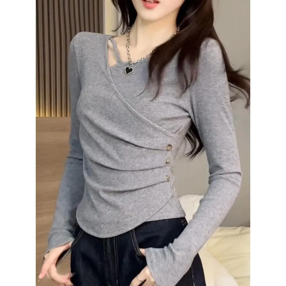Áo Phông Cổ Chữ V, Thời Trang, Áo Sơ Mi Lớp Cơ Sở, Dành Cho Nữ, Thích Hợp Cho Mùa Xuân, Mùa Thu Và Mùa Đông, Mỏng Vừa Vặn, Ngoại Cỡ, Hợp Xu hướng, Áo Dài Tay, Hàng Mới Về Top Women Shirt Cổ Tròn