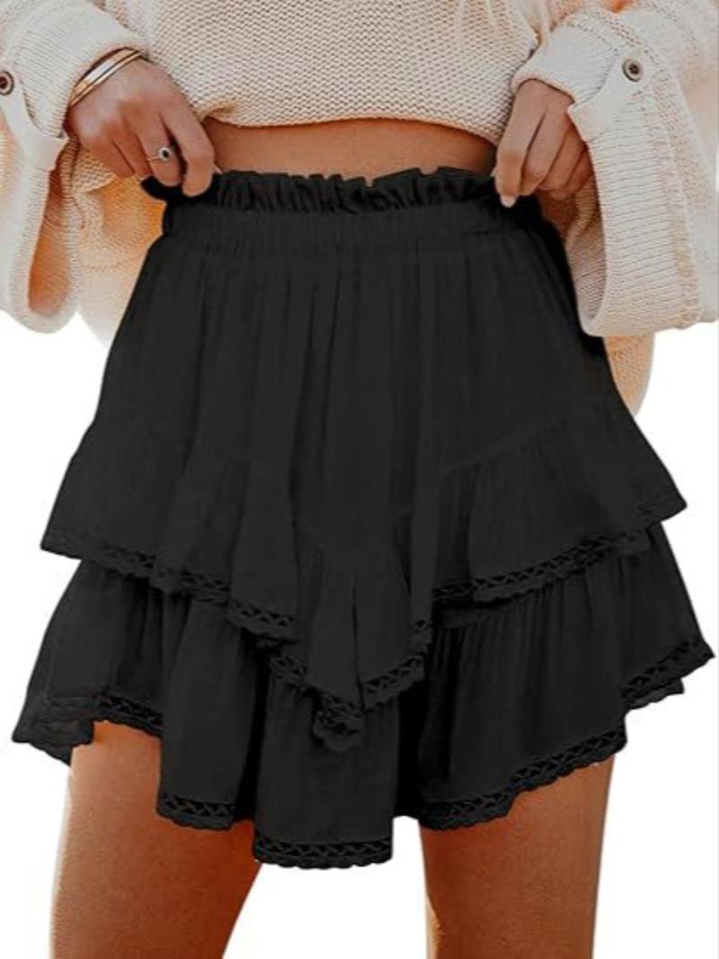 Product Introduction of Women's Solid Ruffle Trim Layered Skirt, Casual Fashionable Short Skirt for Daily Wear, Ladies Clothing for Spring & Fall 1