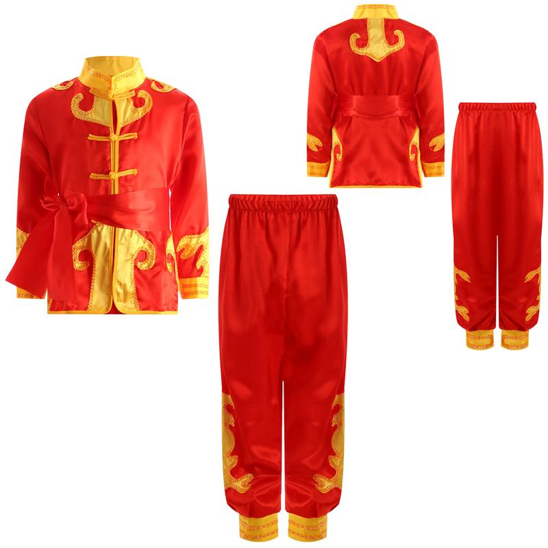 Haitryli  Unisex Kids Girls Boys Color Block Kung Fu Suit Performance Outfit Mandarin Collar Long Sleeve Side Split Top with Elastic Waistband Pants Belt 2
