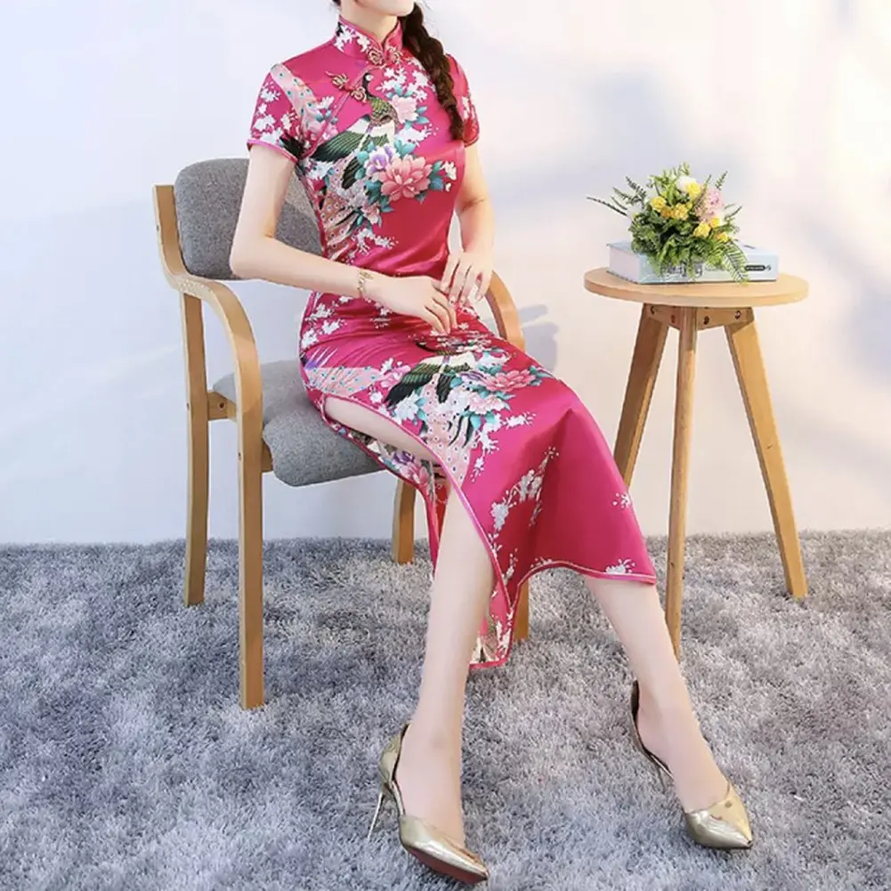 Women Dress New Year Chinese Style Event Short Sleeve Retro Long Cheongsam Lady Traditional Womenswear
