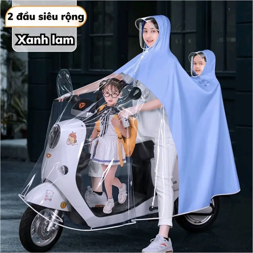 áo mưa loại 1 đầu và 2 đầu , nửa trước trong suốt kèm kính chắn cho mẹ và bé ,tà áo trong che phủ toàn thân.