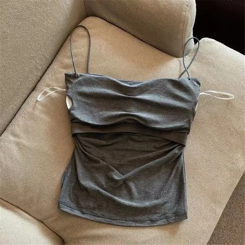 Áo Vest Hai Dây Xếp Ly Màu Đỏ Rượu Vang Gợi Cảm, Cô Gái Nóng Bỏng, Dành Cho Nữ, Áo Không Tay Mùa Hè, Có Dây Đeo Vai Mỏng, DDUN Top Women Kem 5