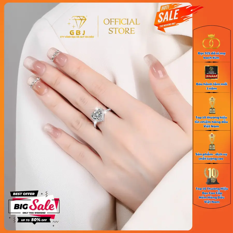 Nhẫn Bạc Nữ Hình Tim Độc Đáo Viền Đ.á Viên Chủ Moissanite 6Li5 NU05 (freesize 10-16) Thời Trang Dành Cho Nữ GBJ119