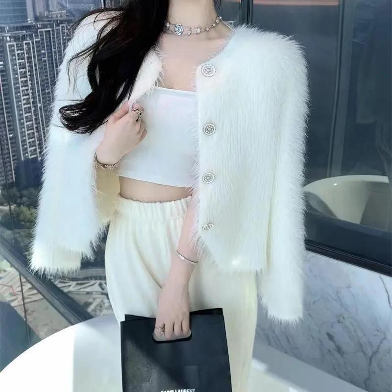 Áo Cardigan Dệt Kim, Lông Chồn Trắng, Dành Cho Nữ, Ngắn Và Dáng Rộng Vừa Vặn, Áo Khoác Len Cao Cấp Lưng Cao Top Women 3