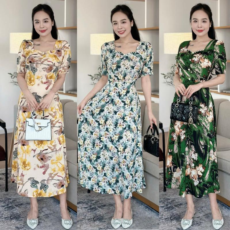 Đầm hoa trung niên form dài, cổ đính ngọc đính nút, tay phồng S&M - GR0312 (Hình thật shop chụp)