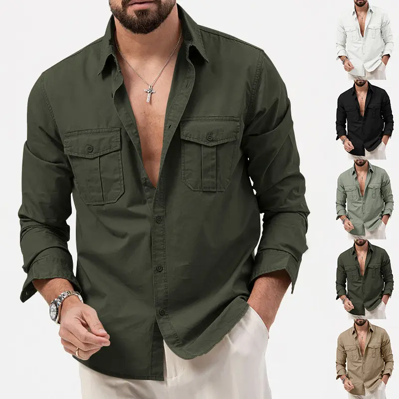 Men's Shirt Long Sleeve Outdoor Sports Multi-Pocket Shirt S-3XL Plus Size Cargo Shirt Menswear Top Polyester Lingerie Beige Plain Fabric Motocross Collar