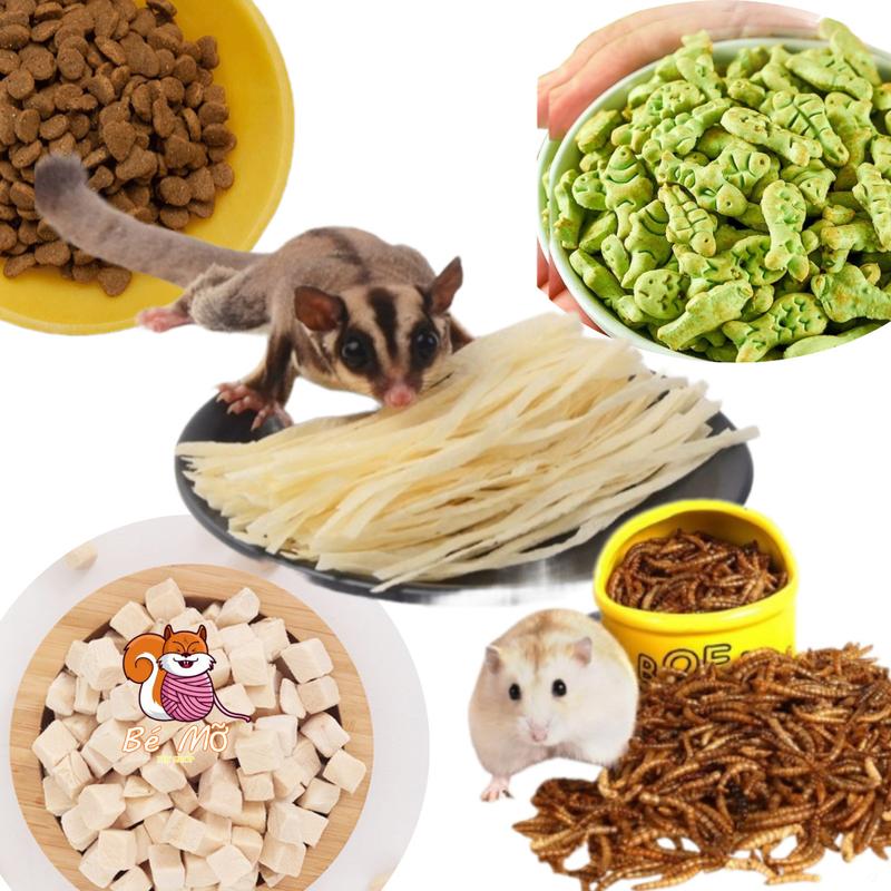Khô Cá Sợi Sâu Sấy Gà Viên Bánh Cá Bánh Trứng Cá Hồi hạt,...đồ ăn vặt cho sóc bay úc chuột hamster,.... đồ ăn khô