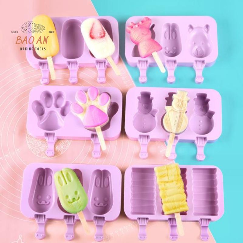 Bộ Khuôn làm kem que silicon tạo hình tặng kèm que gỗ dùng một lần