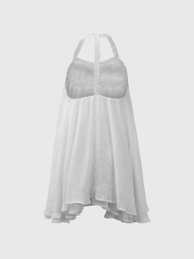 Product Introduction of Women's Solid Color Frill Trim Halter Neck Layered Dress, Loose Casual Comfy Backless Sleeveless Short Dress for Summer, Ladies Clothes for Daily Wear 4