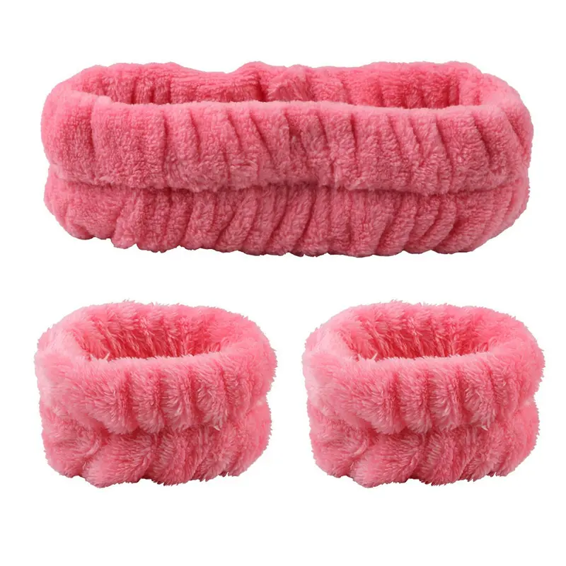 Soft Face Washing Hair Band for Women, 1 Count Face Wash Headband & 2 Counts Wristband, Flannel Coral Fleece Makeup Headband & Wristbands Set 7