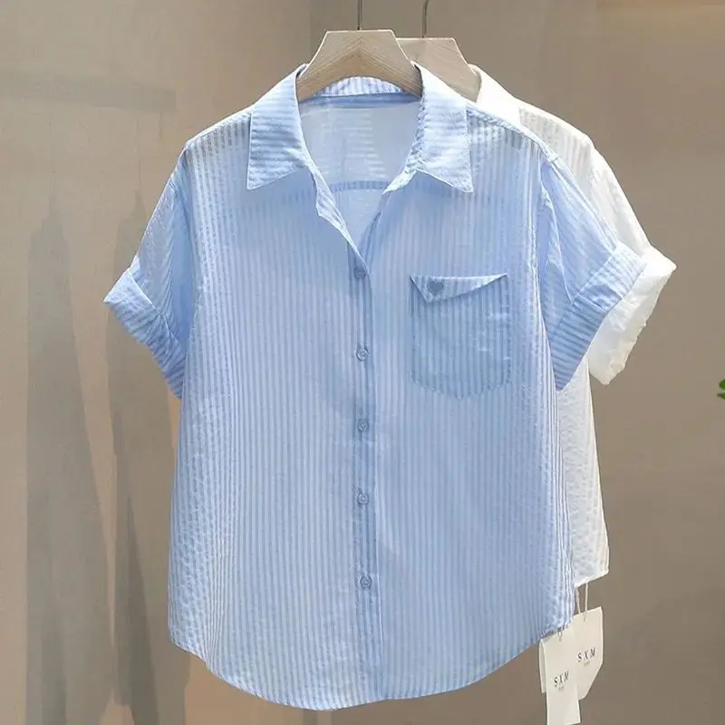 Áo Sơ Mi Nữ, Phong Cách Hàn Quốc Mùa Hè, Thêu Tình Yêu, Một Túi, Sọc Dọc, Mỏng, ngắn Tay, Thường Ngày, Áo Sơ Mi