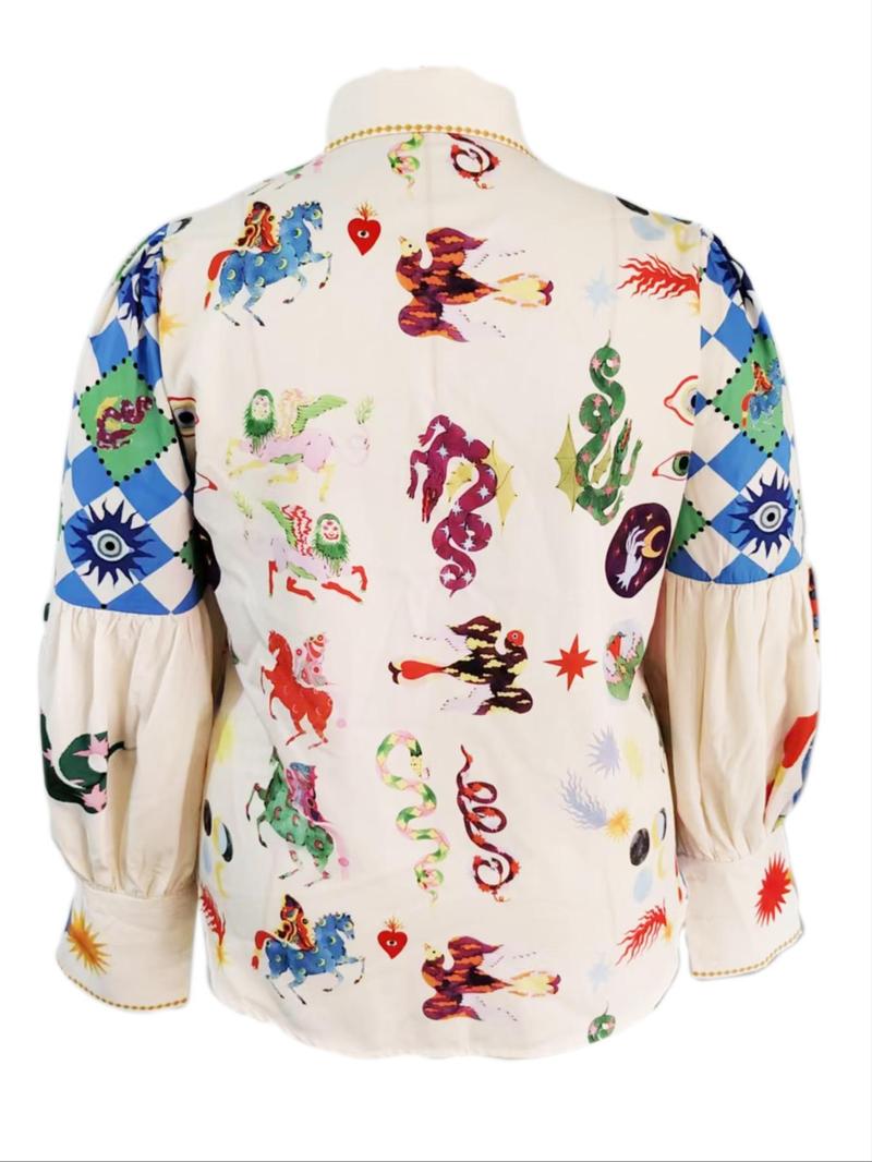 Product Introduction of Plus Size Galaxy & Animal Print Button Front Shirt, Retro Lantern Sleeve Collared Top, Gift Set for Women, Women's Plus Clothes for Daily Wear 2