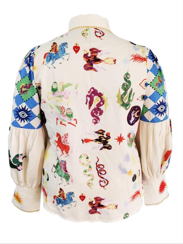Plus Size Galaxy & Animal Print Button Front Shirt, Retro Lantern Sleeve Collared Top, Gift Set for Women, Women's Plus Clothes for Daily Wear 1