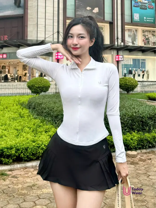 Set đồ tập áo Jolie Long Top Trắng mix chân váy Elly Skirt Đen Today U Wear 5