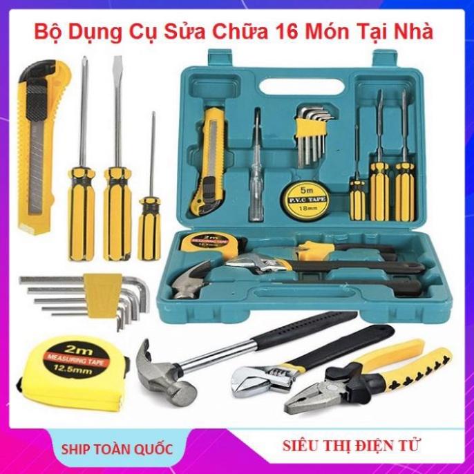 Bộ Dụng Cụ Sửa Chữa Đa Năng, kìm Búa Tô Vít Mỏ Lết Lục Giác Bút Thử Điện Thước Băng Keo Dao 16 món