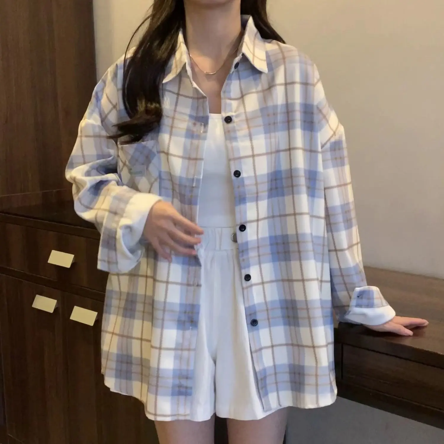 Áo Sơ Mi Kẻ Sọc, Cho Học Sinh Nữ, Mùa Xuân Và Mùa Thu, Màu Xanh Da Trời, Dáng Rộng Vừa Vặn, Cỡ Lớn, Thả Vai, Áo Khoác Mỏng, Phong Cách Ins Top Women