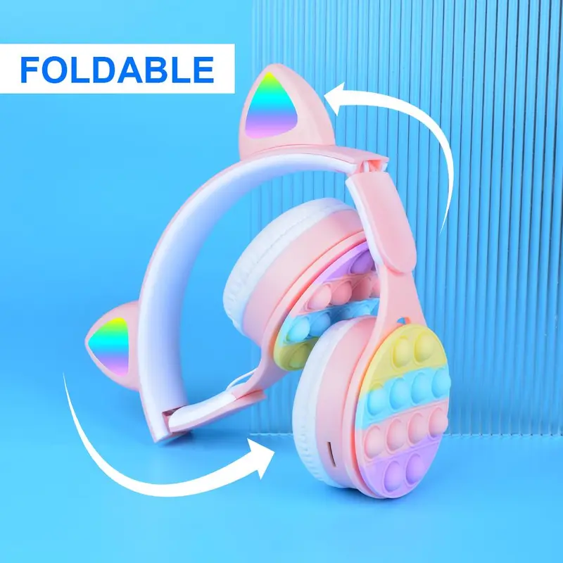 Cartoon Ear Design Foldable Wireless Headphone, Over-Ear Wireless Gaming Earphone, Portable Folding Noise Cancelling Headset for Home Outdoor, Audio Device, Pink Earphones 7
