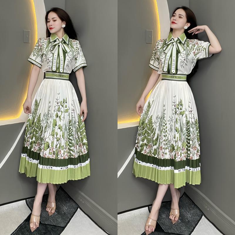 T557 Set Thiết Kế In Họa Tiết 3D Áo Sơ Mi Phối Chân Váy  Kèm Dây Nơ -- Thanh Tự