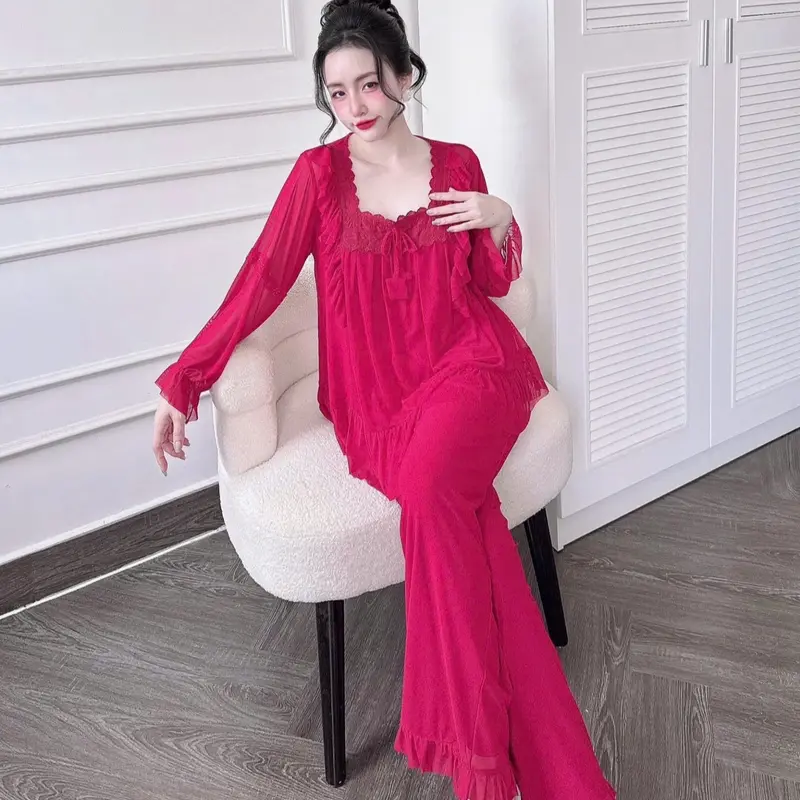 Set Bộ Tiểu Thư Style QC TDQD Cổ Vuông Phối Ren Chất Liệu Voan Thun Lưới Mềm Mát Dành Cho Nữ 40-65kg 1
