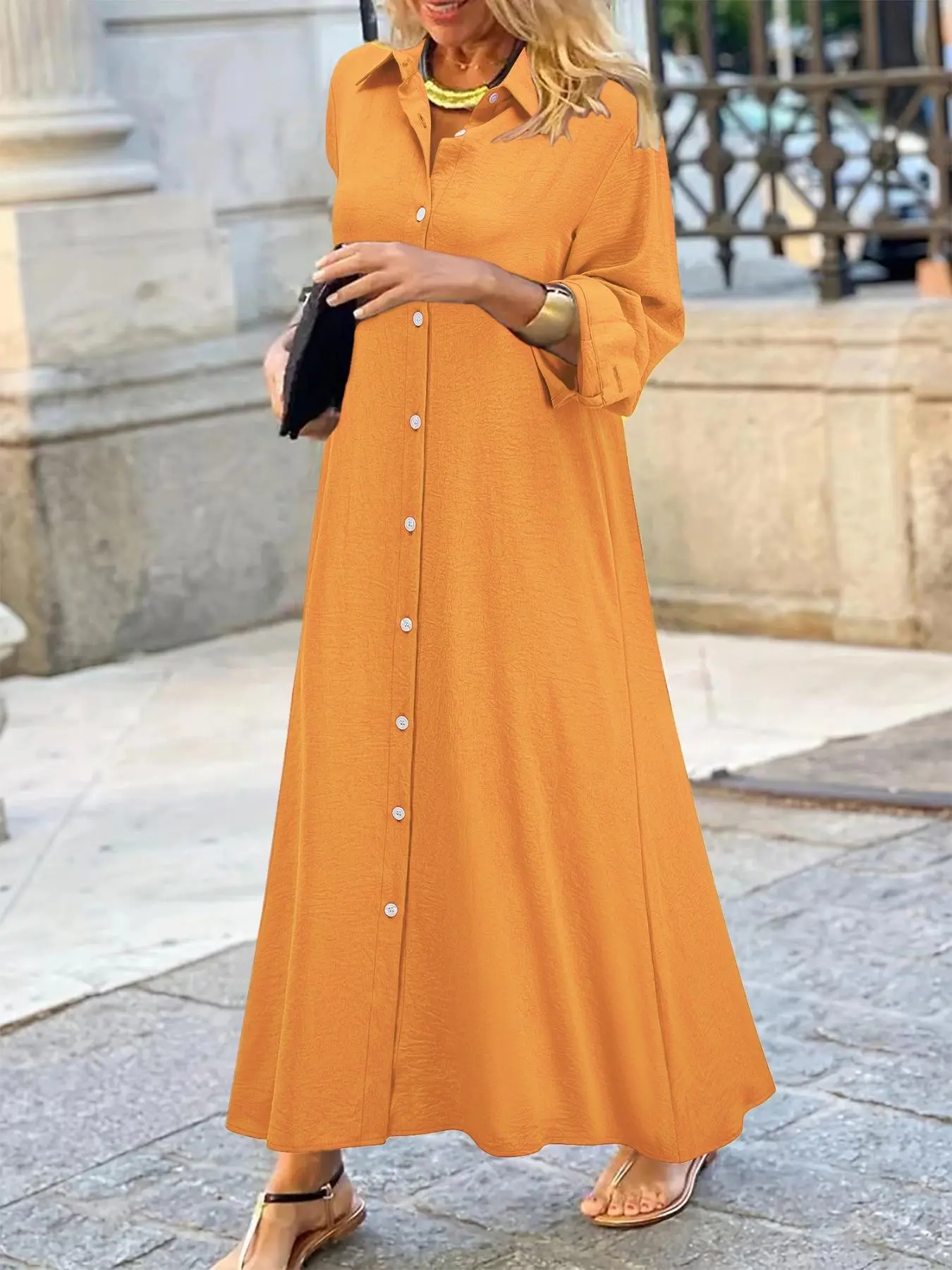 Women's Plain Button Front Long Sleeve Shirt Dress, Chic Casual Collared Long Dress for Fall & Winter, Women's Clothing for Daily Wear