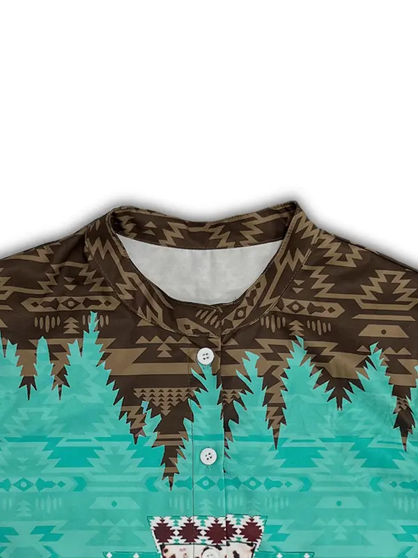 Women's Ethnic Pattern Button Front Blouse, Casual Bishop Sleeve Round Neck Top for Summer, Ladies Clothes for Daily Wear 3