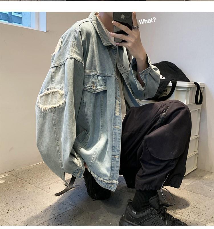 Product Introduction of Áo Khoác Denim Rách, Phong Cách Hồng Kông, Dành Cho Nam Giới, Phong Cách Hàn Quốc, Áo Khoác Dáng Rộng Hợp Xu hướng, Thanh Niên Nghệ Thuật, Đẹp Trai, Thích Hợp Cho Học Sinh, Dễ Phối Đồ, Dép, Thích Hợp Cho Mùa Xuân Và Mùa Thu 15