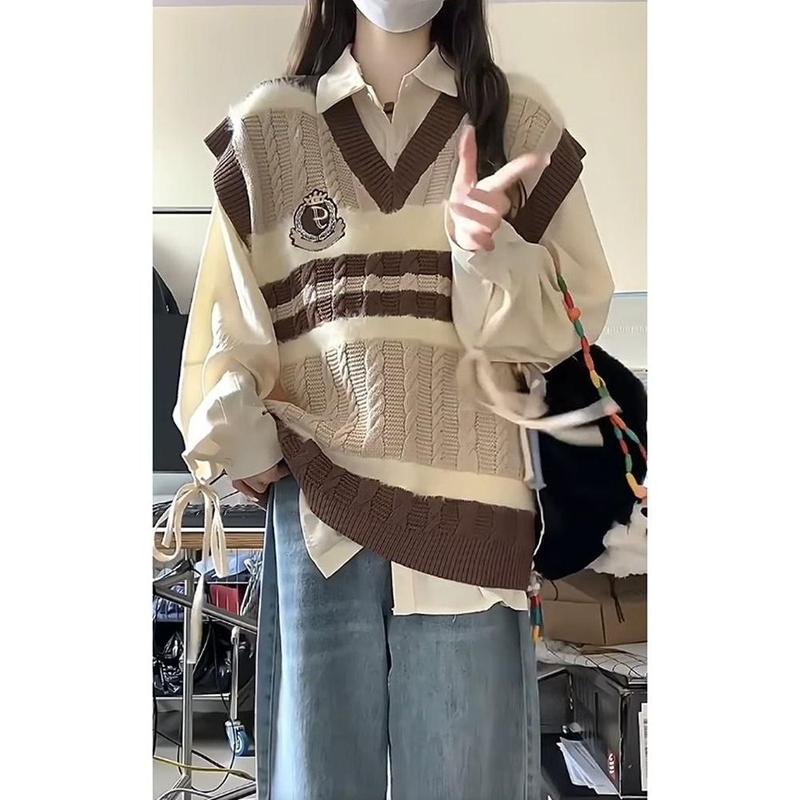 Bộ Đồ Hai Mảnh, Phong Cách Preppy Ngọt Ngào Nhật Bản, Màu Tương Phản, Cổ Chữ V, Áo Vest Dệt Kim, Áo Sơ Mi Nữ Dài, Thích Hợp Cho Mùa Xuân Và Mùa Thu, Hàng Mới Về Women Top Jacket 4