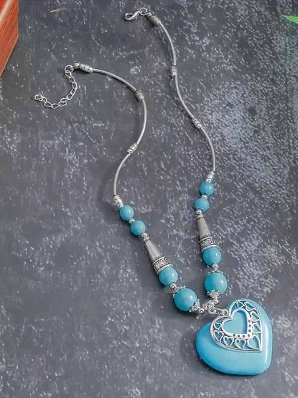 Vintage Boho Style Heart Design Pendant Necklace, Turquoise Texture Decorative Jewelry for Women & Men for Party, Daily Clothing Decor 3