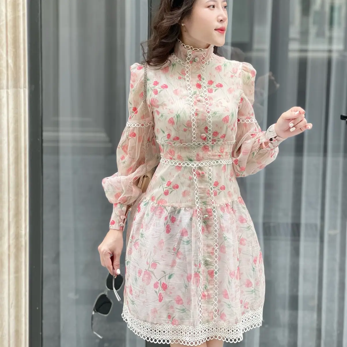 Đầm tết Đầm Hoa Xoè Phối Ren Chất Vải Voan Nữ Viền Ren Cho Nữ Ngọc Hân Store Voi Sen Dress Women vaytet vay  mactet
