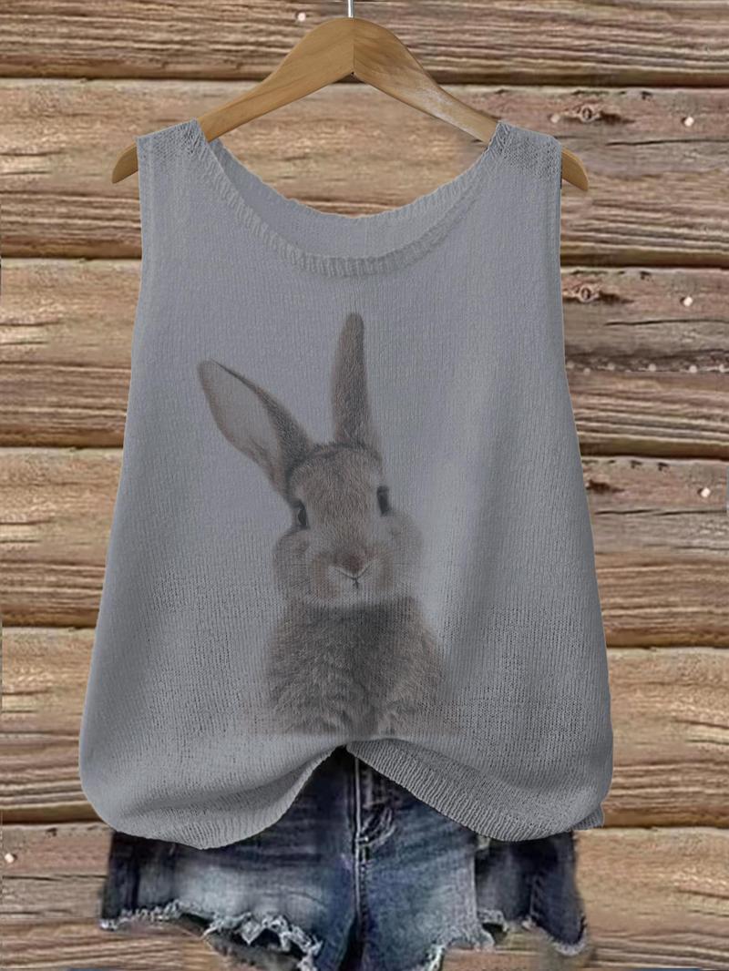 Product Introduction of Women's Cartoon Bunny Print Round Neck Sweater Vest, Casual Sleeveless Knit Top for Summer, Fashion Women's Knitwear for Daily Wear, Sweaters for Women 2