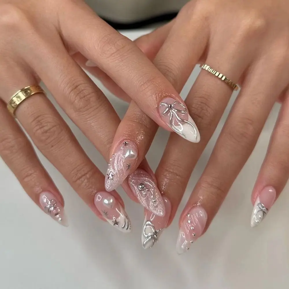 Manicure Long Almond False Nails French Love Heart Butterfly Press on Nails Detachable Shining Pink Fake Nials Women