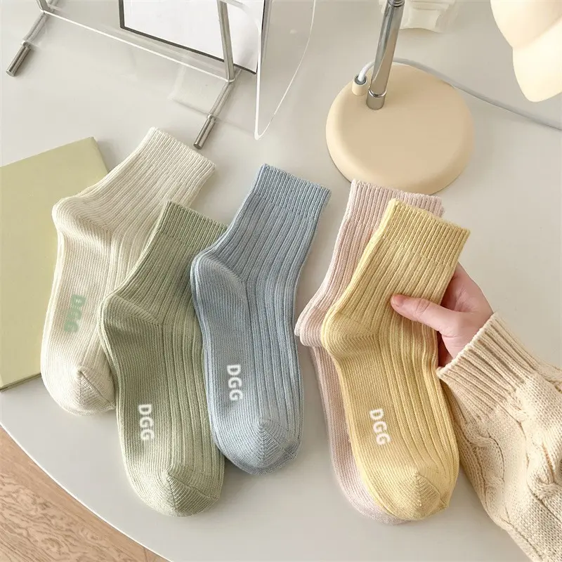 Tất Ống Nữ, Mỏng, Màu Pastel Mùa Xuân Và Mùa Hè, Thấm Hút Mồ Hôi, Tất Cotton Thoáng Khí, Phong Cách Nhật Bản, Chữ Cái Dễ Phối Đồ 5 Đôi Women