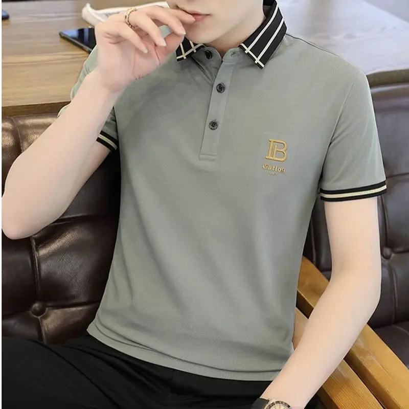 Áo thun nam đẹp có cổ tay ngắn thêu B - trắng mẫu đẹp 2024 Menswear Ngắn Tay Polo Cotton 2