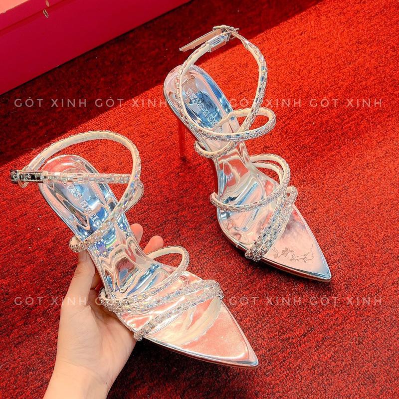 GÓT XINH - Giày Sandal nữ cao gót mũi nhọn hoa hậu 3 quoai đá ngang màu bạc- sang chảnh cao 7 phân đến 12 phân đi chơi, học mới đẹp nhất 2024 shoes (HHB) Dép guốc Nhung Jean Đồng giày  sandal