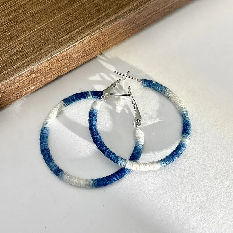 Gradient Blue Earrings Cotton Thread Woven Handmade Hoop Earrings Vintage Simple Earrings Chinese Style High-end Feel for Women